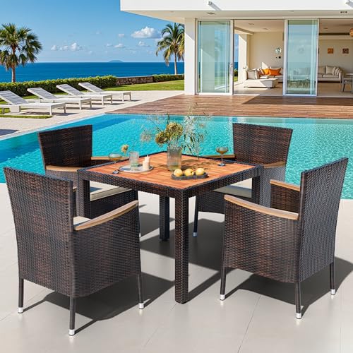 Shintenchi 5 PCS Patio Dining Set, Wicker Outdoor Table and Chairs with Soft Cushions, Patio Furniture Set with Wood Table Top for Backyard, Deck and Garden, Brown Wicker