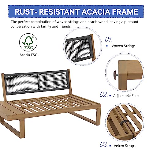 Soleil Jardin 4 Piece Acacia Wood Patio Furniture L-Shaped Outdoor Sectional Sofa Set with Coffee Table, FSC Certified Conversation Set with Built-in Side Table and Grey Cushions for Garden