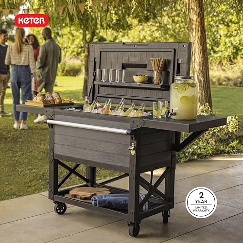 Keter 89.8 Qt Portable Outdoor Patio Cooling Chest, Ice Chest Beverage Party Bar Cart Table with Swivel Wheels, Shelves, and Bottle Opener, Graphite
