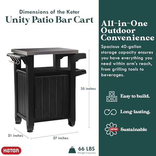 Keter Outdoor Grill Prep Table & Serving Cart, Stainless Steel Top, Unity, 40 Gal, Brown - Portable Bar Table and Cooking Accessory for Pool, Patio, Lawn, and Backyard