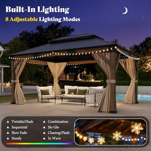 AMERLIFE 12' x 14' Heavy Duty Hardtop Gazebo with Double Metal Roof, Wood Gazebo with Privacy Curtains & Mosquito Netting, Outdoor Pavilion for Backyard, Garden & Patio, Brown