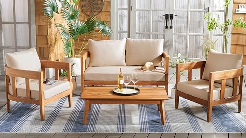 SAFAVIEH Outdoor Patio Furniture - Owen 4-Piece Set - Sand & Taupe - Acacia Wood - Conversation Set with Detachable Cushion Covers - Ideal for Patio, Deck, Porch, Backyard (PAT9510A-KIT2)