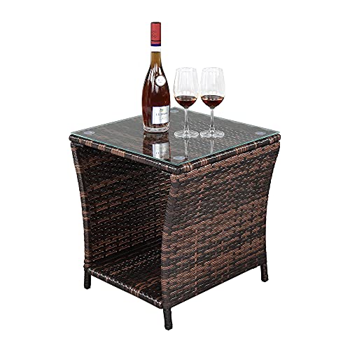 VINGLI Outdoor Wicker Side Table Patio Side Tables for Outside, Tempered Glass Top Wicker Table with Storage End Table for Balcony Porch Deck (Brown)