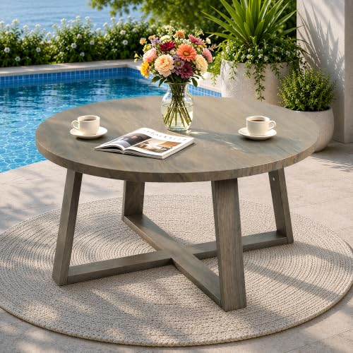 COMLAX FIELD Indoor Round Coffee Table with 35.5” Woodgrain Finish Table Top, Outdoor Metal Modern Side Table 125lbs for Backyard Porch Balcony Living Room, Brown