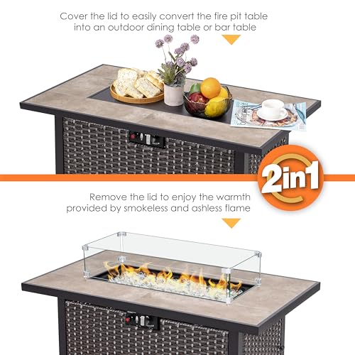 Nuu Garden Outdoor 43" 50,000 BTU Propane Gas Fire Pit Table, Ceramic Tabletop and Rattan Weaved Iron Frame, Water-Proof Oxford Cover, Glass Wind Guard, Glass Beads, Lid Included, Dark Brown & Coffee