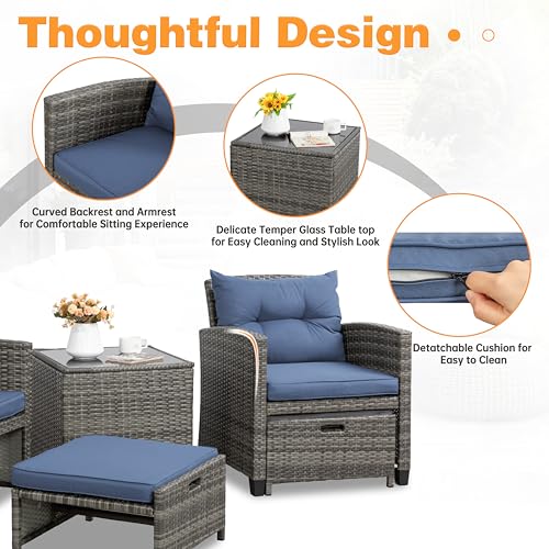 Shintenchi 5 Pieces Patio Furniture Set, Outdoor Wicker Patio Conversation Set with Ottoman, All Weather Rattan Outside Chairs with Coffee Table & Cushion for Porch, Garden, Backyard, Navy