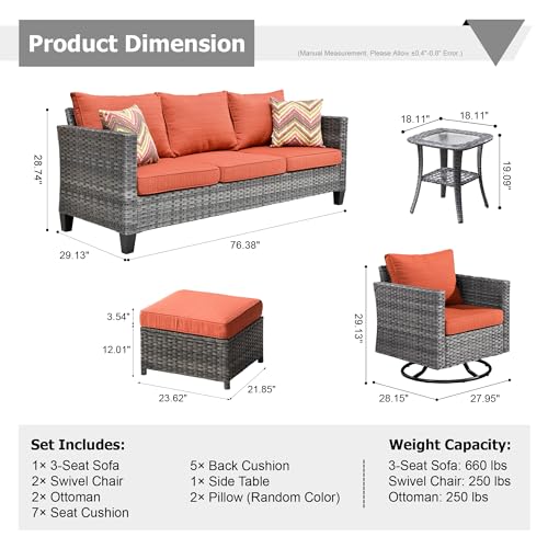 HOOOWOOO Wicker Patio Conversation Sets,6 Piece Outdoor Furniture Set with Swivel Rocking Chairs,All Weather Resistant Modern Outside Out Door Rattan Couch Chairs Side Table Set,Orange Red