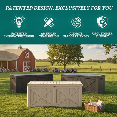 YITAHOME 150 Gallon Large Deck Box with X-Shaped Front, Resin Outdoor Storage Boxes, Waterproof Cushion Storage Bench for Patio, Pool Supplies, Garden Tools - Lockable, Taupe