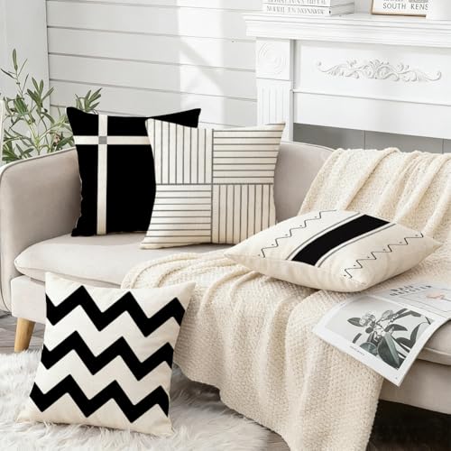 RABUSOFA Outdoor Pillow Covers Waterproof 18x18 Inch,Black Modern Geometry Decorative Cushion Cases Decoration for Patio Furniture Sunbrella Garden Set of 4 (Black, 18" x 18" (Pack of 4))