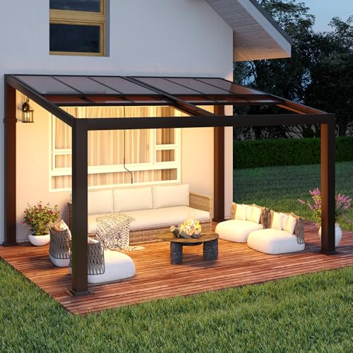 HOMMOW Gazebo 10’x13‘ with Adjustable Polycarbonate Roofs, All Aluminum Frame Permanent Pergola for Patio, Outdoor Freestanding Shelter, Dark Brown