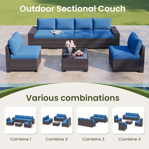 OUGMMGOU 7 Pieces Outdoor Patio Furniture Set, Outdoor Sectional Furniture Set, All-Weather PE Rattan Wicker Sofa with Cushions for Balcony, Deck, Garden