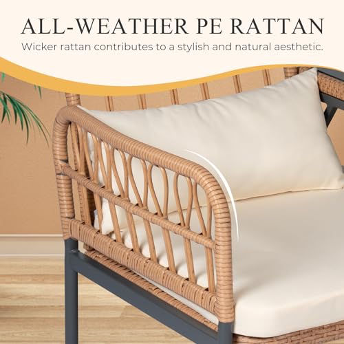 PROHIKER ROHIKER Outdoor Patio Loveseat Rattan Loveseat 2-Seat Furniture with Built-in Table, Lumbar Pillows and Cushions, All-Weather Small Patio Couch for Balcony, Lawn, Backyard