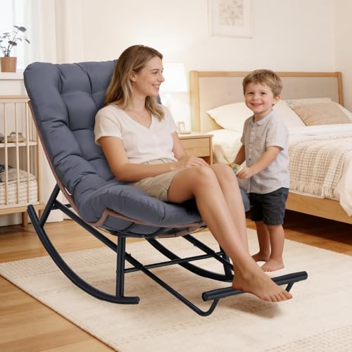 COMHOMA Outdoor Rocking Papasan Chair, Oversized Wicker Patio Rocker, Indoor Comfy Wicker Reading Lounge, Bed-Like Comfort Egg Chair for Bedroom,Balcony, Porch, Garden, Grey