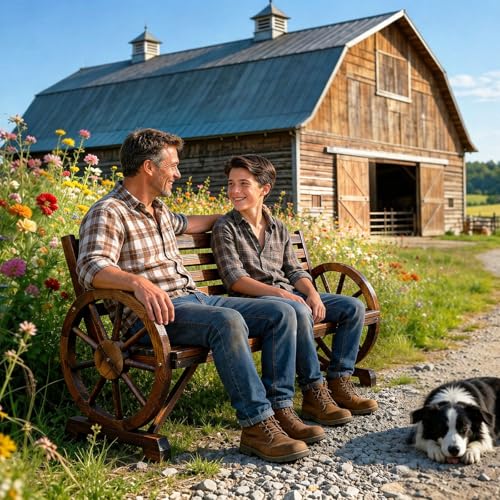 VINGLI Rustic Wooden Wheel Bench Outdoor Bench, Patio Bench Wagon Slatted Seat, Garden Benches for Outdoors 350lbs High Capacity, Weather Resistance (Rustic, 55in)