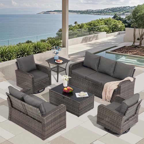 Yalissey 6 Pieces Patio Furniture Sets with Swivel Chairs, Outdoor Furniture Set Sofa Couch for Porch Deck Bistro Lawn Garden Backyard Poolsid- Grey