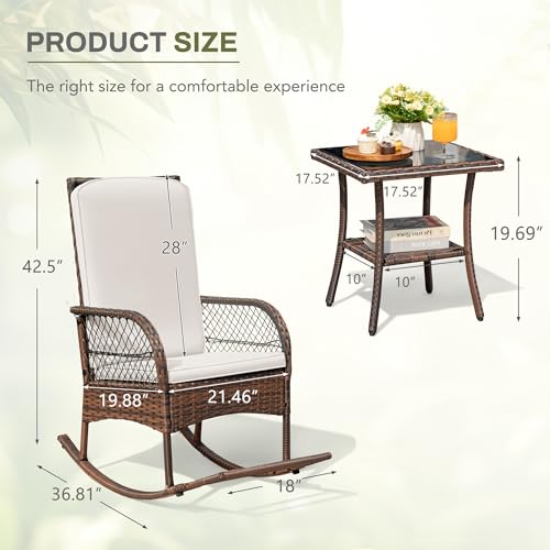 Greesum 3 Piece Outdoor Wicker Rocking Chairs Patio Furniture Set with Glass Coffee Table for Garden Backyard Porch Poolside, Beige