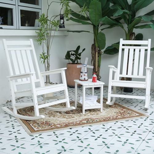 HRVEOCEI Oversized Outdoor Rocking Chair Set of 2 with Table, HDPE Patio Racking Chairs for Front Porch Outside All Weather, 300 LBS Capacity (Set of 2, White)