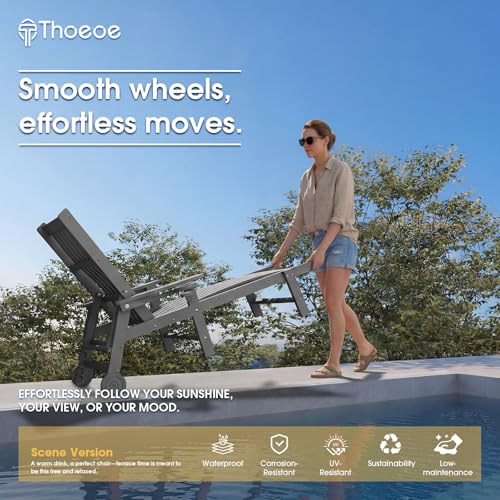 THOEOE Patio Chaise Lounge Chair, Lounge Chair Outdoor with 5 Positions, HDPE, Patio Lounge Chair with Wheels & Cup Holder for Pool, Deck, Poolside,Grey