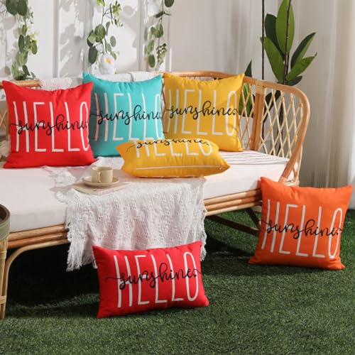 DFXSZ Outdoor Pillow Covers 18x18 Inch Set of 2 Hello Sunshine Decor Yellow Waterproof Summer Outdoor Waterproof Pillow Covers Decor for Patio Funiture Garden Sofa Couch 020B18