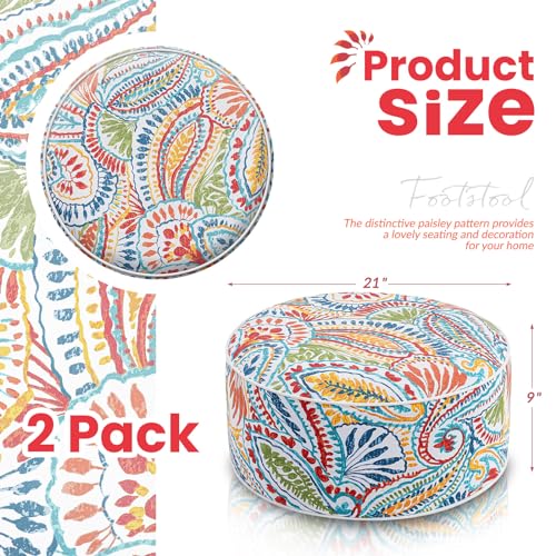 Juexica 2 Pack Inflatable Outdoor Ottoman Pouf Waterproof Round Footrest with Handle D21 x H9 Inch Indoor Outdoor Portable Footstool Pouf for Patio Garden Camping or Home Pool(Boho)
