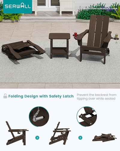 SERWALL Modern Adirondack Chairs Set of 2, Folding Adirondack Chair with Cup Holders, Outdoor HDPE Adirondack Chair for Patio Lawn Garden, Coffee