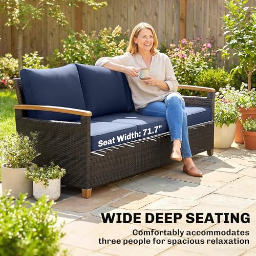 Outsunny 3 Seater Outdoor Couch Sofa, PE Wicker Patio Couch with Wide Deep Seating, 4" Foam Cushions, Wood-Effect Armrests and Legs, Patio Sofa Furniture for Garden, Backyard, Porch, Dark Blue