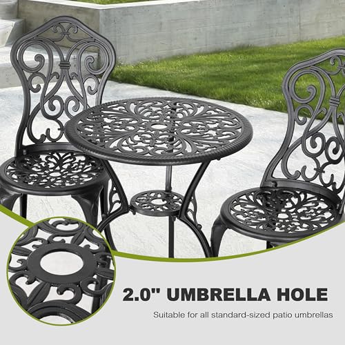 NUU GARDEN 3 Pieces Patio Bistro Set, Outdoor Bistro Set with 2 Chairs, Round Table with Umbrella Hole, All-Weather Outdoor Patio Bistro Set for Garden, Lawn, Poolside, Porch, Black