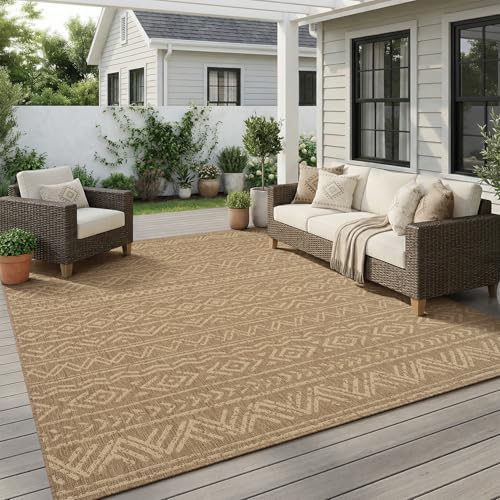 MontVoo-Outdoor Rug-Patio Rug 8x10 Polypropylene Indoor Outdoor Rug Outdoor Carpet for Patio Deck Balcony Porch, Textured Weave, Durable for High Traffic, Fade-Resistant, Boho Farmhouse Neutral Brown