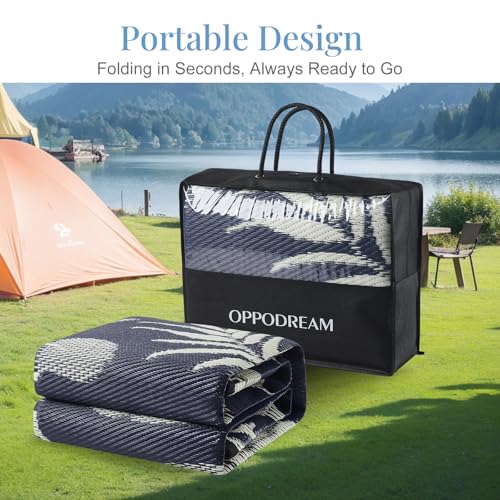 OPPODREAM Reversible Outdoor Rug 5x7, Waterproof Outdoor Plastic Straw Rug for Patio, Tropical Leaf RV Camping Rugs for Outside, Deck, Balcony, Porch, Backyard, Camping, Rv, Navy and Cream White