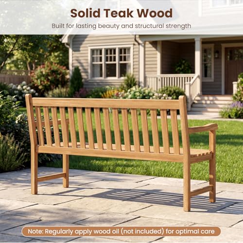 Tangkula 62" Teak Wood Outdoor Bench, 3-Seat Solid Wood Garden Patio Bench with Armrests and Backrest, Wooden Outside Porch Bench Seating Furniture for Backyard, Balcony and Park (62")