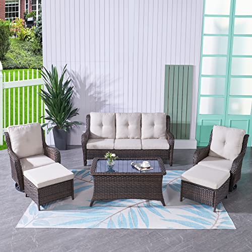 HUMMUH Patio Furniture 6 Pieces Outdoor Furniture Set Wicker Outdoor Sectional Sofa with Swivel Rocking Chairs,Patio Ottomans,Outdoor Coffee Table