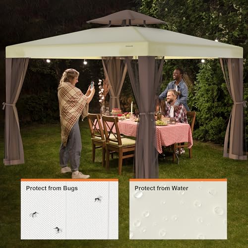 Patio Gazebo Tent Outdoor Canopy Shelter 10'x10' with Removable Netting,100 Square Feet of Shade for Garden, Backyard Deck and Lawns (Beige)