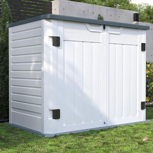 UDPATl0 35 Cu.Ft Horizontal Outdoor Storage Shed, Resin Outdoor Cabinet Waterproof & Lockable for Generator, Garbage Can Garden Tools, White, White & Grey Trim