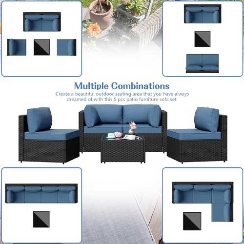 Patio Furniture Sets, 5 Piece Outdoor Sectional Sofas, Wicker Rattan Outdoor Furniture Patio Conversation Set, All-Weather PE Rattan Outdoor Couch for Backyard, Garden, Black & Aegean Blue