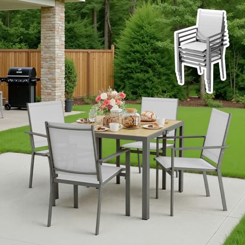 Ahomly Patio Table and Chairs Set for 4, All-Weather Outdoor Dining Set with Umbrella Hole, Outdoor Table and Chairst for Patio, Lawn, Garden, or Deck, Rustproof Steel Frame, Grey