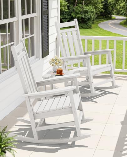 KINGYES Oversized Outdoor Rocking Chair Set of 2, All-Weather Patio Rocking Chairs for Porch, HDPE Outdoor Patio Recliner Rockers with High Back & Wide Seat for Garden, Lawn, White