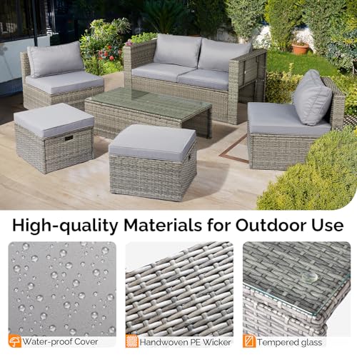 VINGLI 6 Pieces Wicker Patio Furniture Set, Outdoor Sectional Furniture Patio Conversation Set Space-Saving Design with Ottomans and Coffee Table for Garden,Poolside, Backyard(Grey)