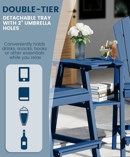 FOOWIN Tall Adirondack Chair Set of 2, All Weather HDPE Bar Height Adirondack Chair with Double Connecting Trays, Adirondack Barstools for Balcony, Deck, Backyard, Patio, Garden Navy Blue