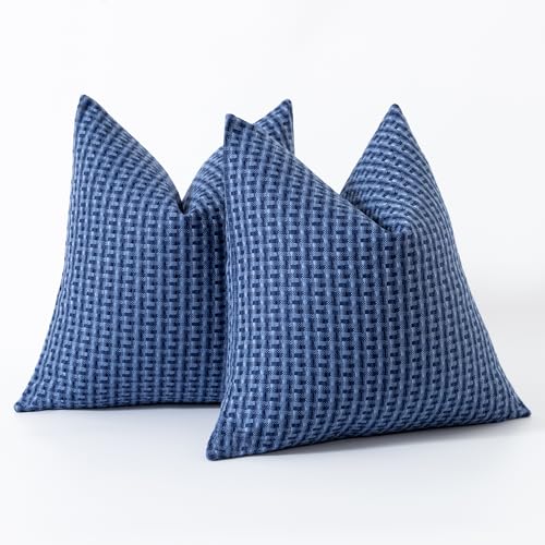 Kevin Textile Outdoor Waterproof Throw Pillow Covers Pack of 2 Weaving Texture Water Resistant Outside Decorative Cushion Covers for Garden Patio Tent Balcony Bench Couch Sofa 18x18 Inch, Navy Blue