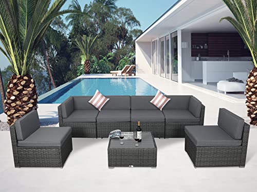 Welpatio Outdoor Patio Furniture Sets, 7 Pieces PE Rattan Wicker Outdoor Sectional Sofa Patio Conversation Set with Cushions and Coffee Table, Light Gray/Gray