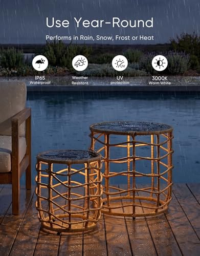 PARTPHONER Boho Solar Outdoor Side Table with Built-in Lights Set of 2, All-Weather Wicker Nesting Tables, Round Waterproof Accent End Table Design for Patio, Porch, Garden & Balcony, Natural Brown