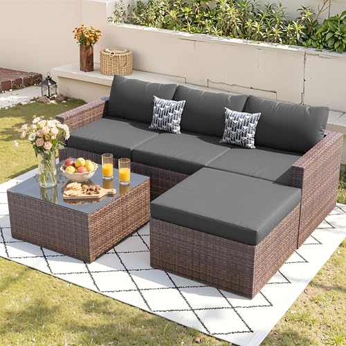 UDPATIO 5 Piece Patio Furniture Set, All-Weather Wicker Outdoor Sectional Sofa,Rattan L Shaped Outdoor Conversation Patio Sectional with Ottoman, Glass Table for Balcony Porch Backyard,Grey
