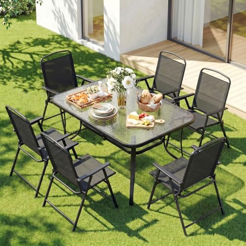 TLSUNNY 7 Piece Patio Dining Set for 6, Outdoor Table and Chairs W/1.69" Umbrella Hole & Metal Frame, 30"X 55" Rectangular Glass Table and Patio Textilene Folding Chair W/Armrests, for Deck (Black)