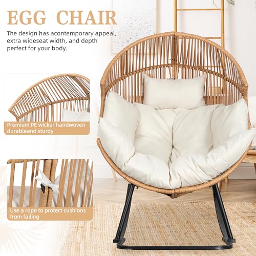 Vongrasig Wicker Egg Chair PE Rattan Rocking Chair with Cushion, Oversized Patio Lounge Rocker Chair for Outdoor, Indoor, Balcony, Backyard, Garden, Beige