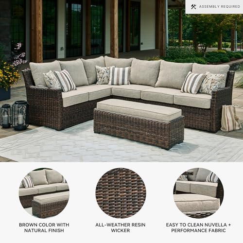 Signature Design by Ashley Brook Ranch Outdoor Sectional, All‑Weather Resin Wicker Patio Furniture With High‑Performance Cushions, Durable Aluminum Frame, Neutral