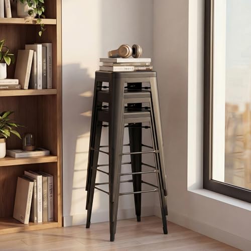 Shahoo 30 Inches Metal Bar Stools Counter Height Stackable Backless Stools, Industrial Patio Stools Indoor Outdoor Metal Kitchen Stools Set of 4 (Black)