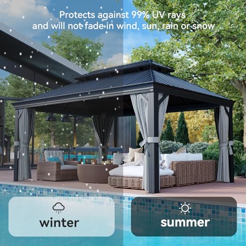 Aoxun 12' X 16' Hardtop Gazebo with Drainage System, Aluminum Outdoor Gazebo with Galvanized Steel Double Roof, Patio Permanent Metal Pavilion with Netting, for Garden, Deckyard, Grey