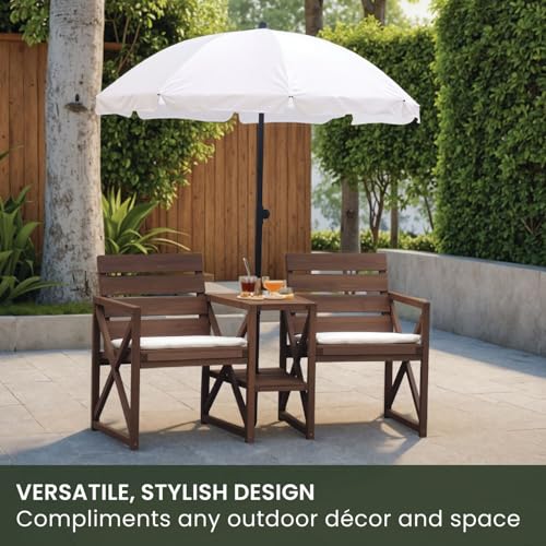 Hanover 33.5" x 27.5" Wood Outdoor Conversation Set with Two Seats, Table, and Umbrella