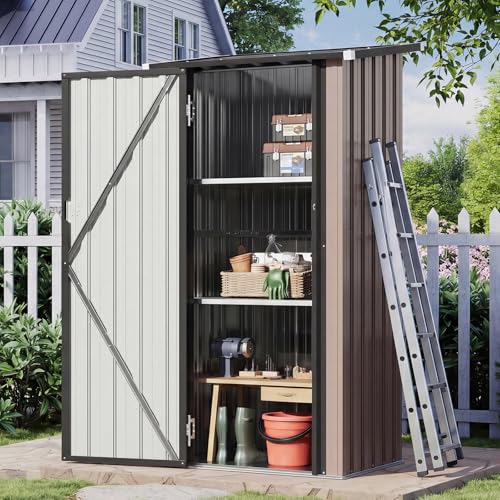 Aoxun Outdoor Storage Cabinet Shed - Vertical Cabinet with Floor, 2 Adjustable Shelves & Lockable Doors, Waterproof Small Tool Shed, for Backyard Garden Patio Lawn Indoor, Brown