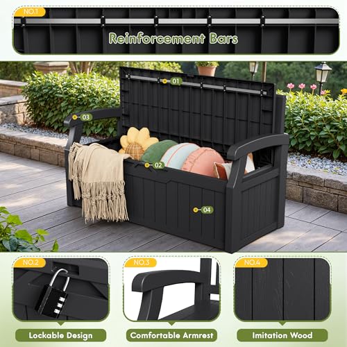 Greesum 80 Gallon Deck Box Storage Bench, Patio Furniture, Lockable, Waterproof and UV Resistant,with Armrest, Suitable for Garden, Porch, Poolside, Dark Black